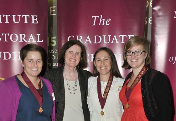 Pictured, from left to right, are Hope Shannon, Dr. Patricia Mooney-Melvin, Interim Dean of the Graduate School, Katherine Macica, and Rachel Boyle. 