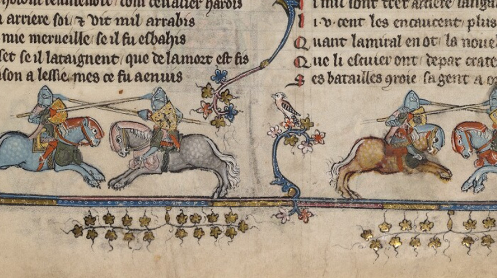 A page of a medieval text with script and depictions of knights on horseback