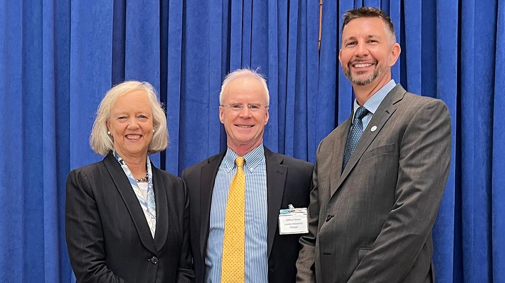 From left, U.S. Ambassador Meg Whitman, Quinlan Professor Cliff Shultz, and Keith Dokho (MBA ’03) at a 2023 event supporting trade and economic engagement between the U.S. and Kenya.