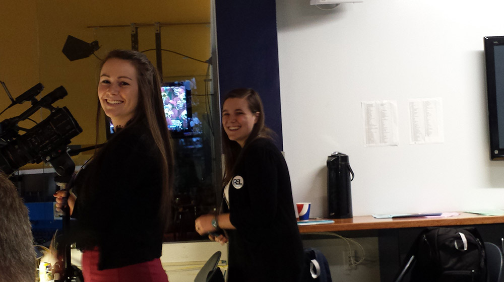 Rambler Sports Locker co-executive producer Trisha McCauley and reporter Kelsey Frew cover Day 2 of the MVC Tournament at the Scottrade Center in St. Louis on Friday, March 3.