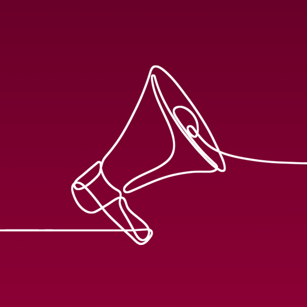 White line illustration of a megaphone, against a maroon background, to represent Loyola University Chicago's communications efforts.